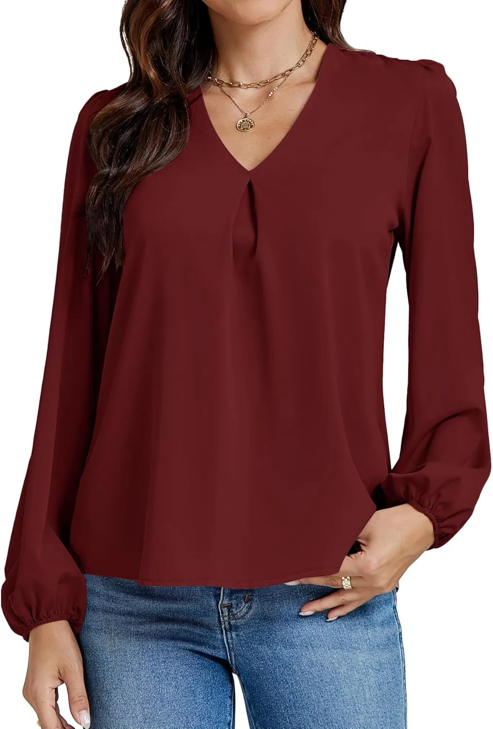 LYANER Women's V-Neck Long Sleeve Solid Tee Shirt Blouse Top