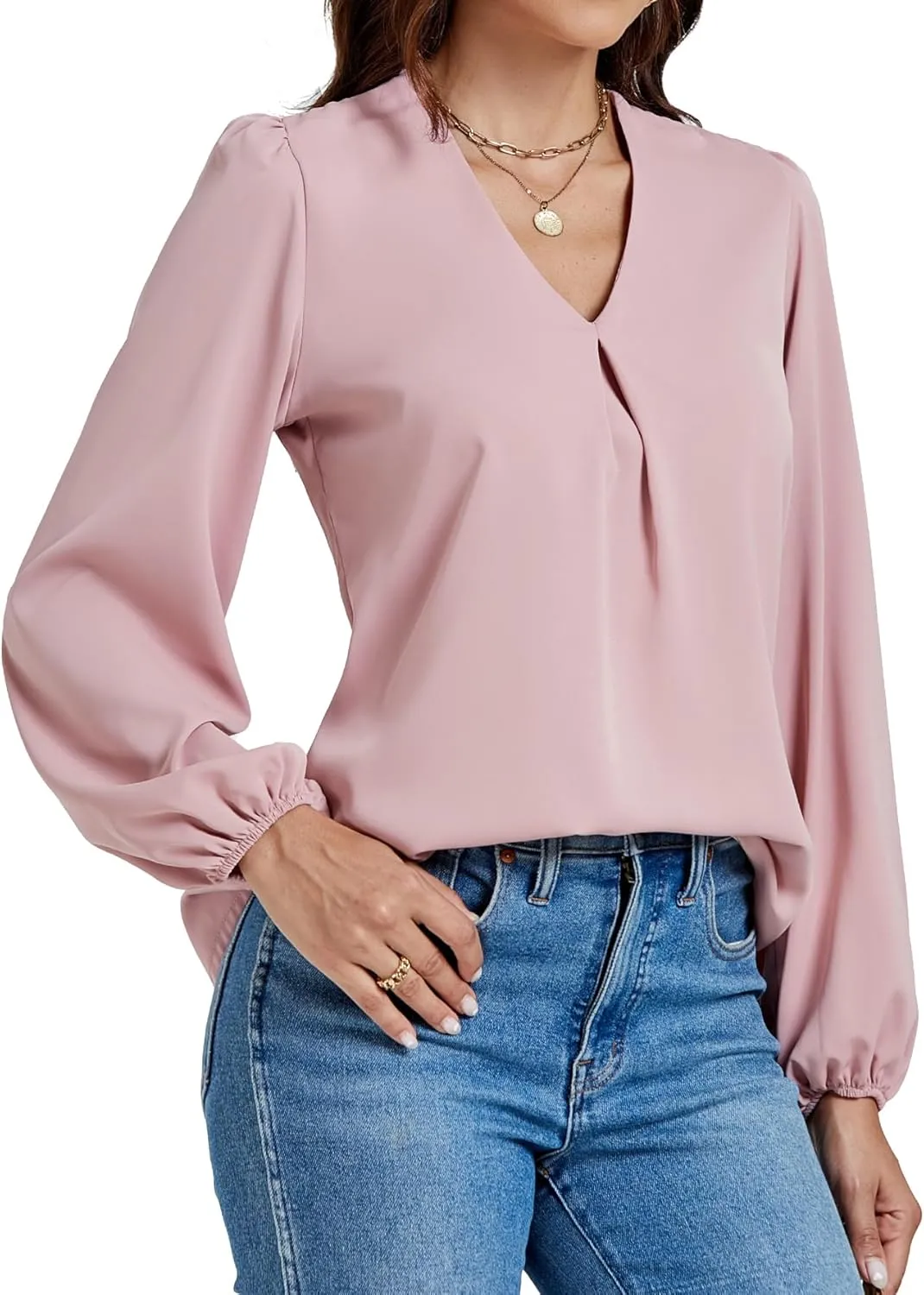 LYANER Women's V-Neck Long Sleeve Solid Tee Shirt Blouse Top