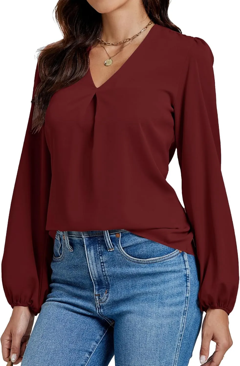 LYANER Women's V-Neck Long Sleeve Solid Tee Shirt Blouse Top