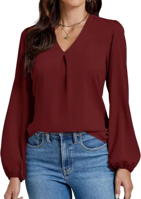 LYANER Women's V-Neck Long Sleeve Solid Tee Shirt Blouse Top