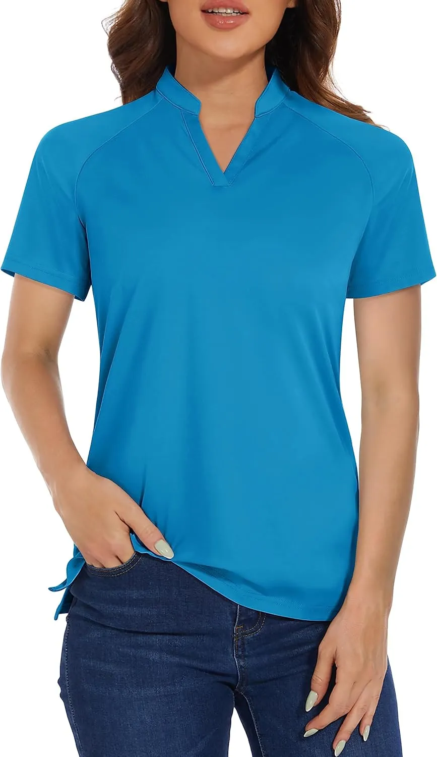 MAGCOMSEN Women's Golf Polo Shirts UPF 50  V Neck Collarless Short Sleeve Shirts Quick Dry Tennis T-Shirts