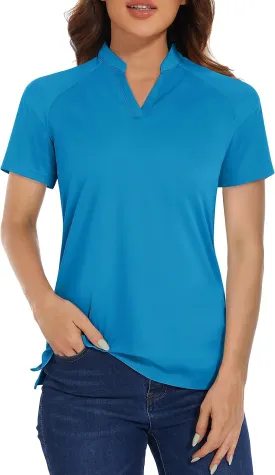 MAGCOMSEN Women's Golf Polo Shirts UPF 50  V Neck Collarless Short Sleeve Shirts Quick Dry Tennis T-Shirts