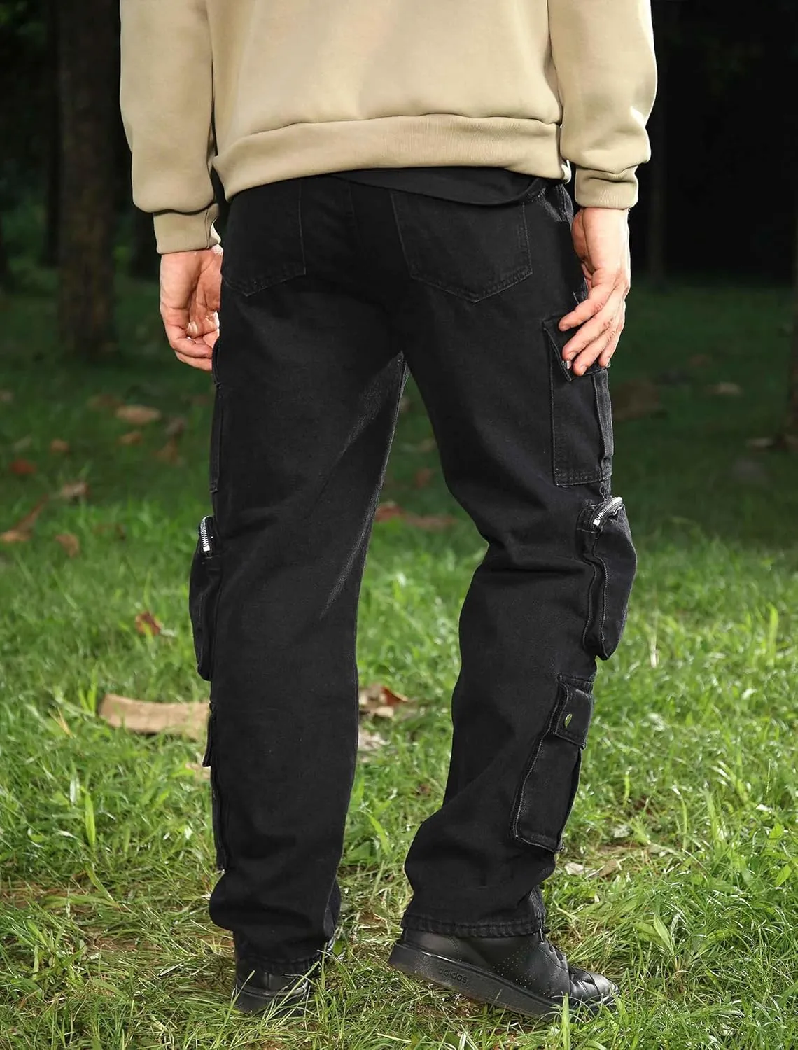 Mens Baggy Cargo Jeans Wide Leg Streetwear Jeans Loose Fit Hip Hop Denim Pants