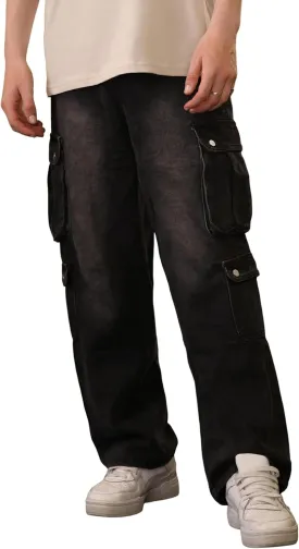 Mens Baggy Cargo Jeans Wide Leg Streetwear Jeans Loose Fit Hip Hop Denim Pants