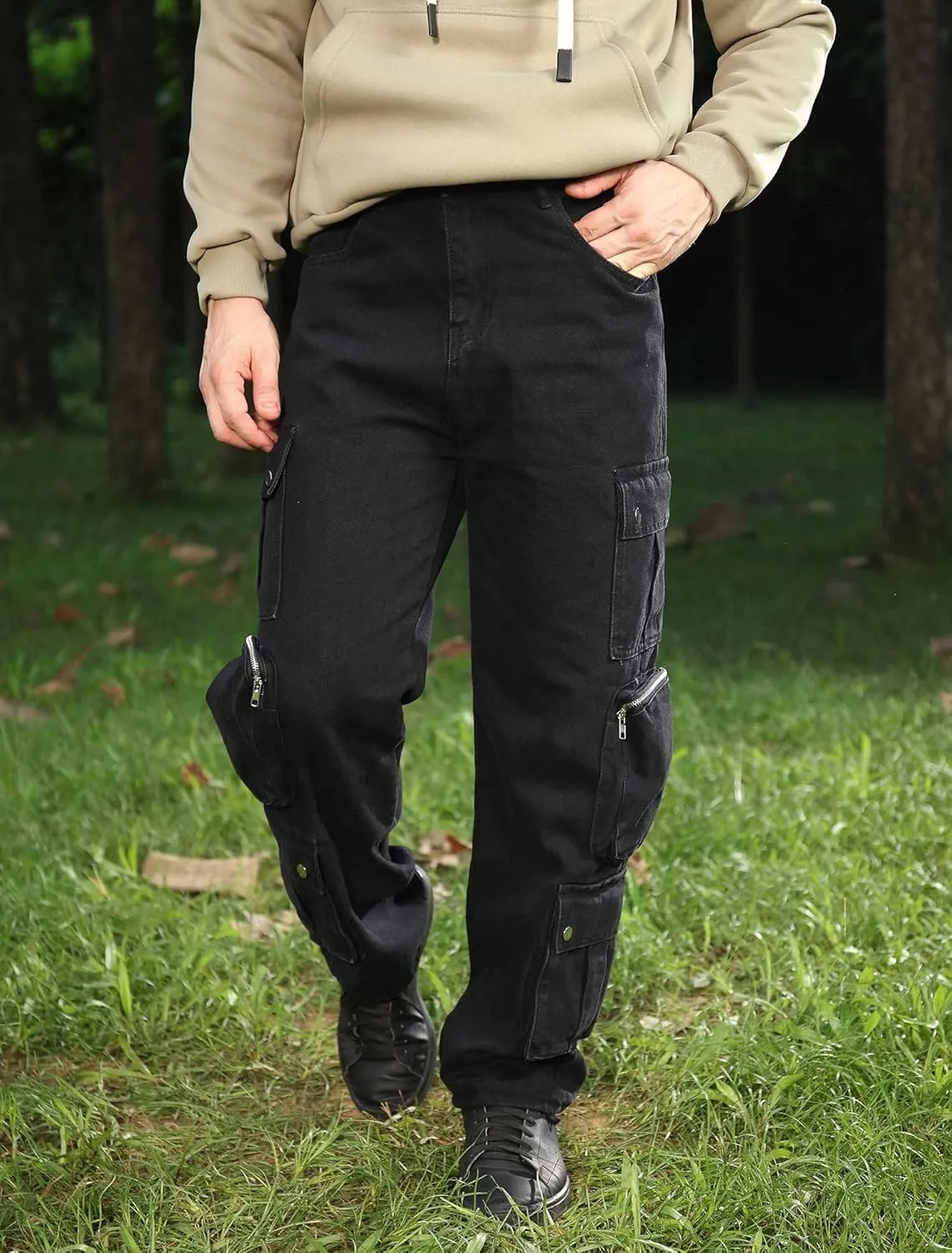 Mens Baggy Cargo Jeans Wide Leg Streetwear Jeans Loose Fit Hip Hop Denim Pants