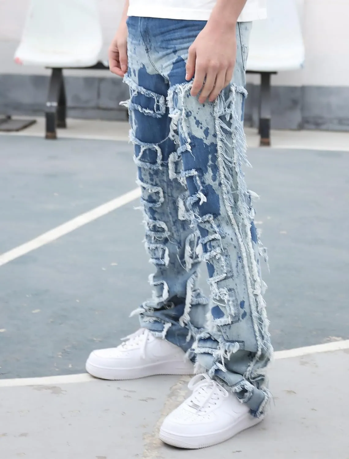 Men's Ripped Bootcut Jeans Slim Fit Bell Bottom Jeans for Men 70s Ripped Flared Denim Pants Stacked