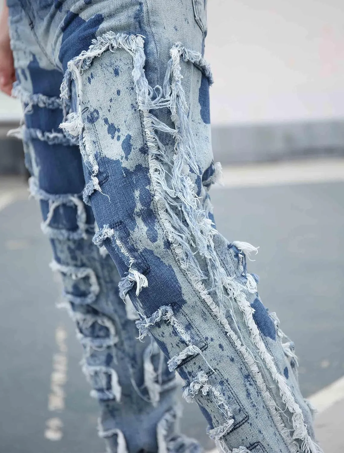Men's Ripped Bootcut Jeans Slim Fit Bell Bottom Jeans for Men 70s Ripped Flared Denim Pants Stacked