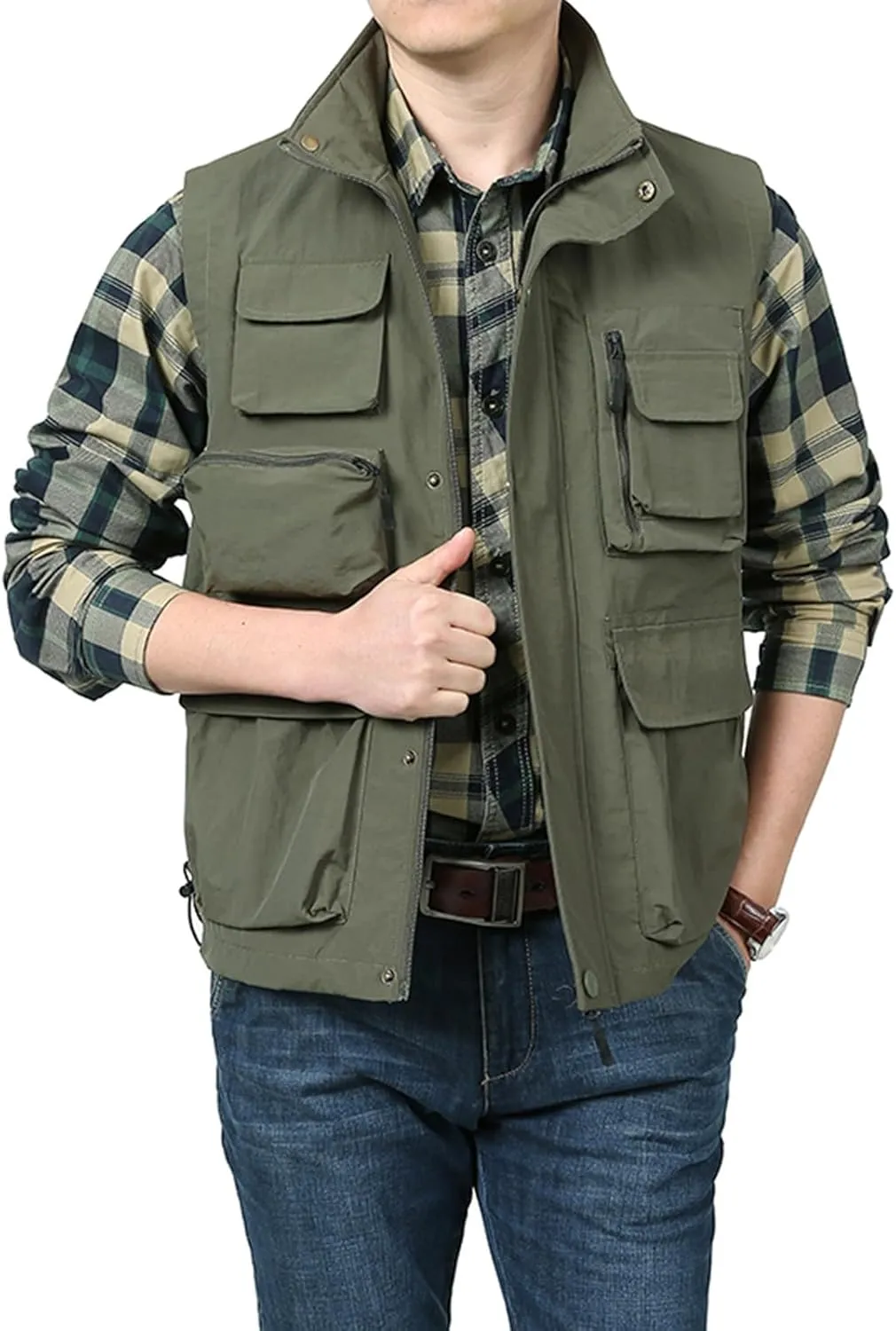 Men's Utility Cargo Vest Multi-Pockets Work Vest Military Waistcoat Safari Travel Vest Mesh Lined Twill Work Jacket