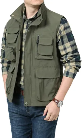 Men's Utility Cargo Vest Multi-Pockets Work Vest Military Waistcoat Safari Travel Vest Mesh Lined Twill Work Jacket