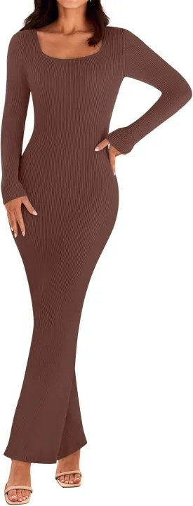 MEROKEETY Women's 2025 Fall Long Sleeve Square Neck Bodycon Maxi Dresses Ribbed Knit Long Sweater Dress