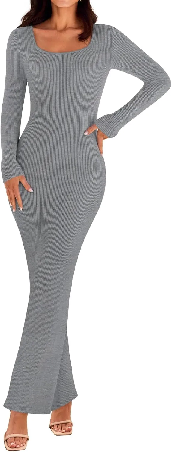 MEROKEETY Women's 2025 Fall Long Sleeve Square Neck Bodycon Maxi Dresses Ribbed Knit Long Sweater Dress