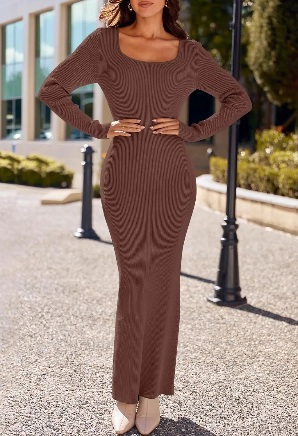 MEROKEETY Women's 2025 Fall Long Sleeve Square Neck Bodycon Maxi Dresses Ribbed Knit Long Sweater Dress