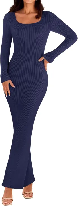 MEROKEETY Women's 2025 Fall Long Sleeve Square Neck Bodycon Maxi Dresses Ribbed Knit Long Sweater Dress
