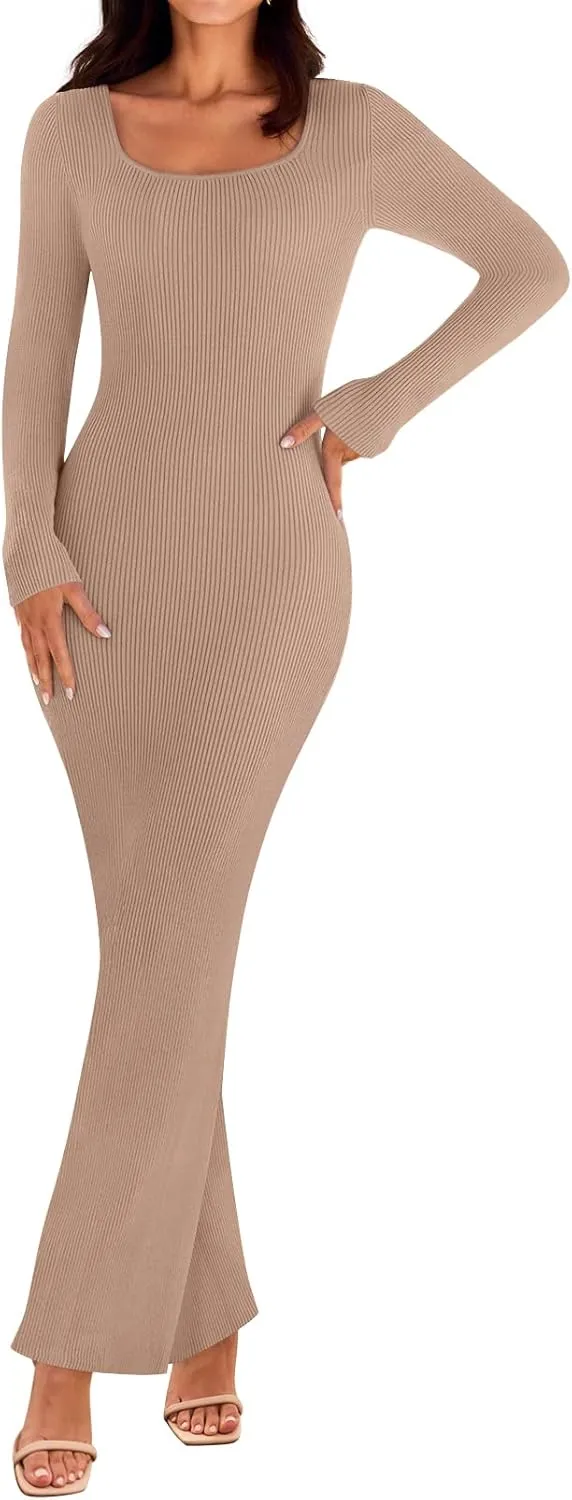 MEROKEETY Women's 2025 Fall Long Sleeve Square Neck Bodycon Maxi Dresses Ribbed Knit Long Sweater Dress