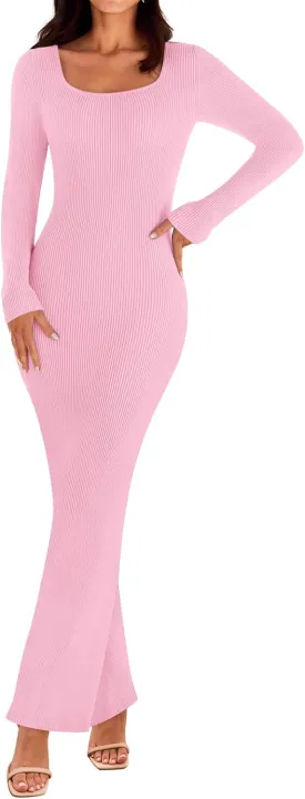 MEROKEETY Women's 2025 Fall Long Sleeve Square Neck Bodycon Maxi Dresses Ribbed Knit Long Sweater Dress