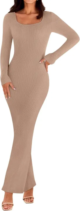 MEROKEETY Women's 2025 Fall Long Sleeve Square Neck Bodycon Maxi Dresses Ribbed Knit Long Sweater Dress