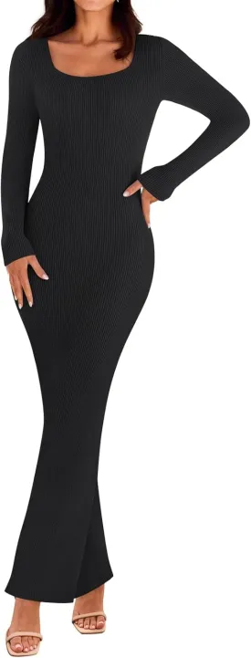 MEROKEETY Women's 2025 Fall Long Sleeve Square Neck Bodycon Maxi Dresses Ribbed Knit Long Sweater Dress