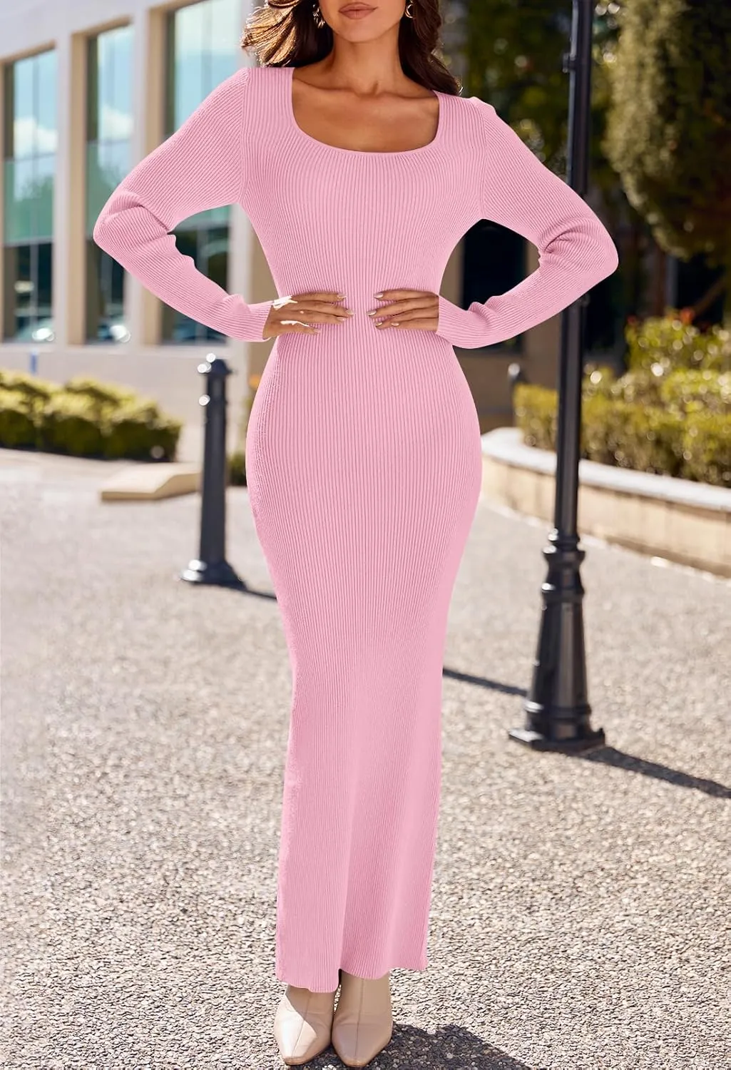 MEROKEETY Women's 2025 Fall Long Sleeve Square Neck Bodycon Maxi Dresses Ribbed Knit Long Sweater Dress