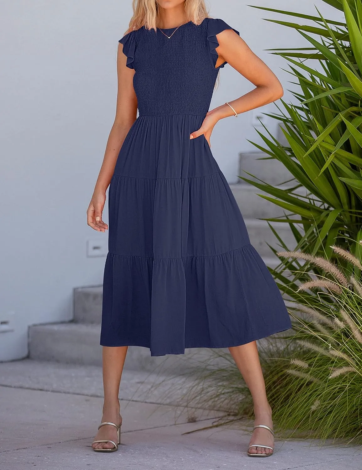 MEROKEETY Women's Flutter Short Sleeve Smocked Midi Dress Summer Casual Tiered A-Line Dress