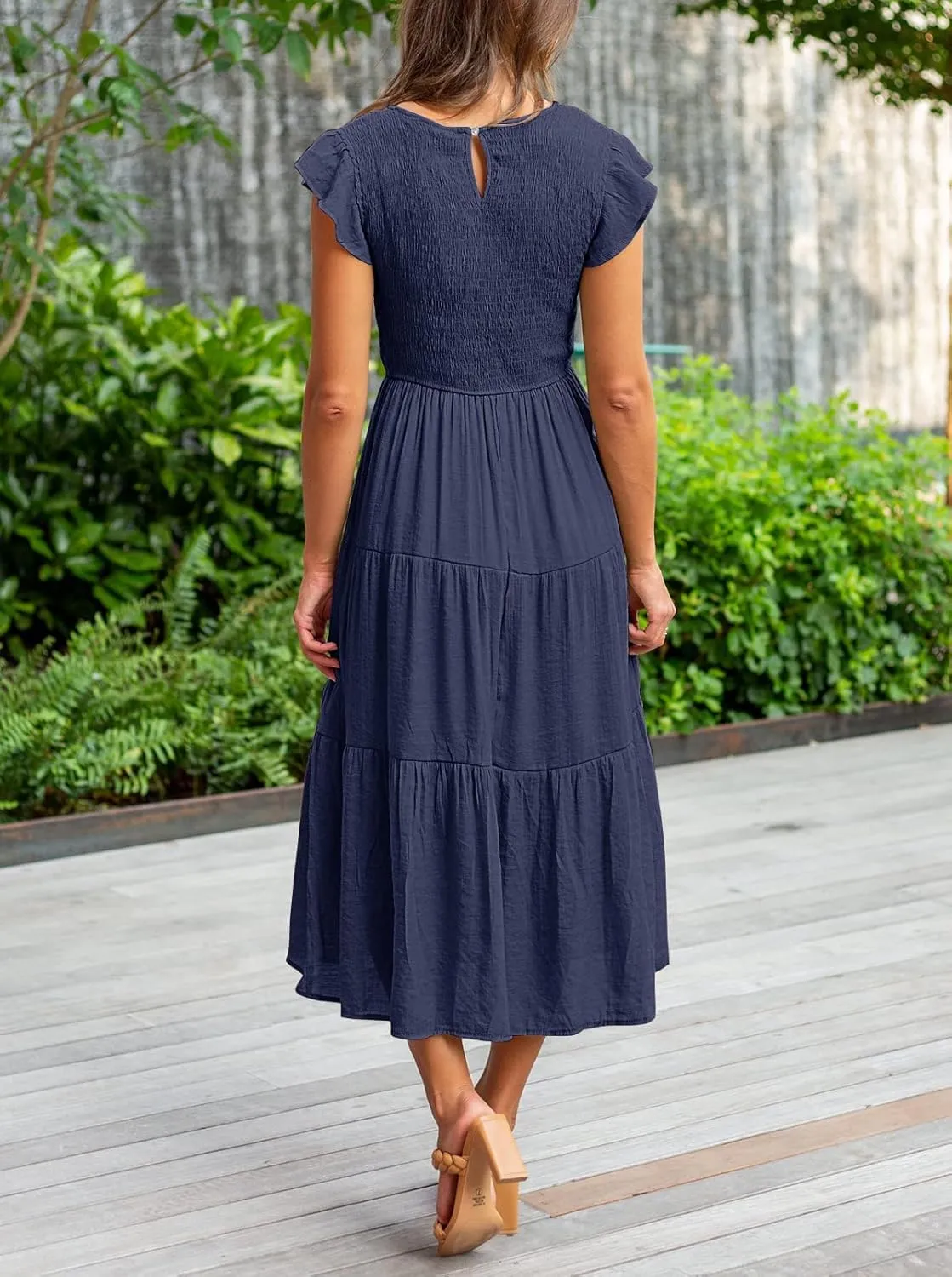 MEROKEETY Women's Flutter Short Sleeve Smocked Midi Dress Summer Casual Tiered A-Line Dress