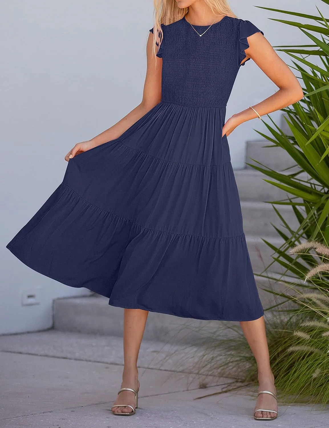 MEROKEETY Women's Flutter Short Sleeve Smocked Midi Dress Summer Casual Tiered A-Line Dress