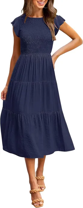 MEROKEETY Women's Flutter Short Sleeve Smocked Midi Dress Summer Casual Tiered A-Line Dress