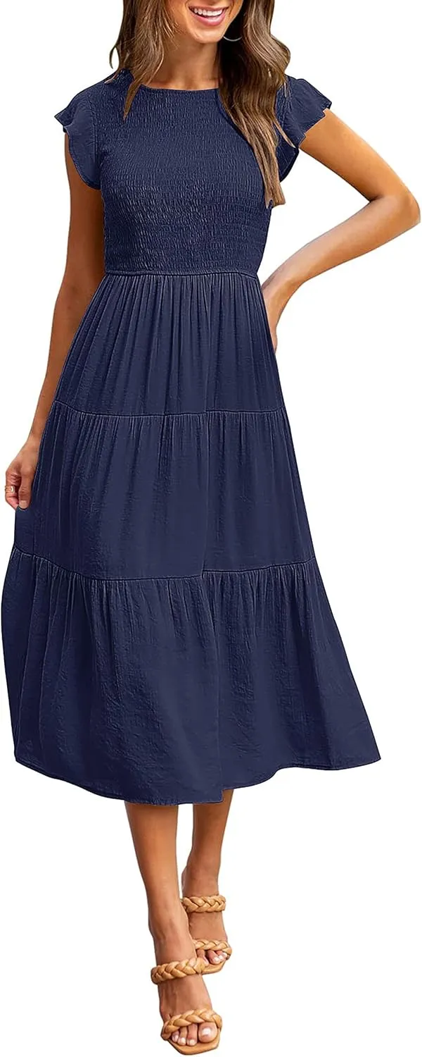 MEROKEETY Women's Flutter Short Sleeve Smocked Midi Dress Summer Casual Tiered A-Line Dress
