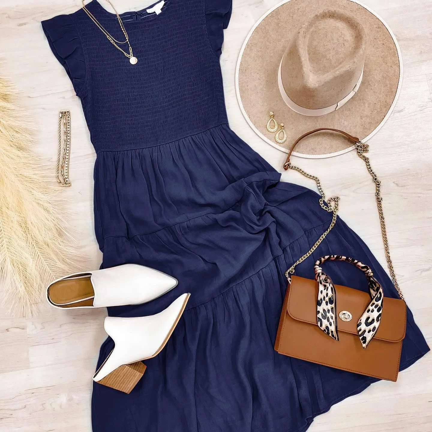 MEROKEETY Women's Flutter Short Sleeve Smocked Midi Dress Summer Casual Tiered A-Line Dress