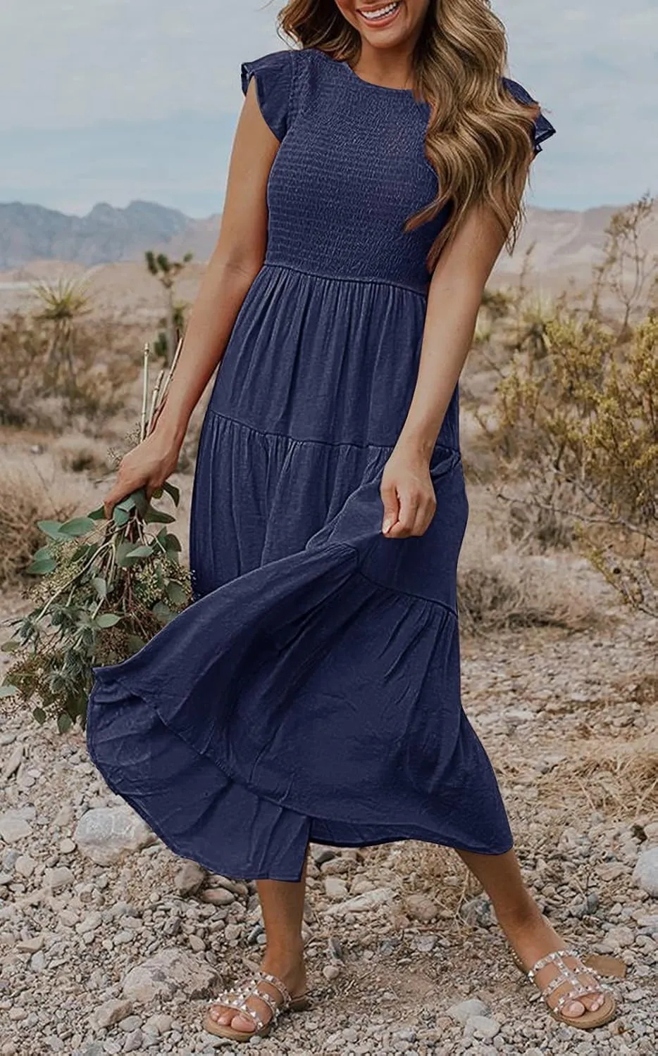 MEROKEETY Women's Flutter Short Sleeve Smocked Midi Dress Summer Casual Tiered A-Line Dress
