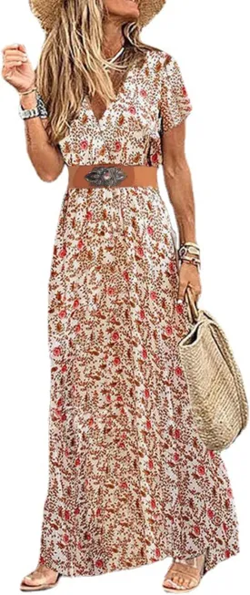 MessBebe Womens 2024 Summer Floral Maxi Dress Wrap V Neck Short Sleeve Beach Party Flowy Long Boho Dresses with Belt