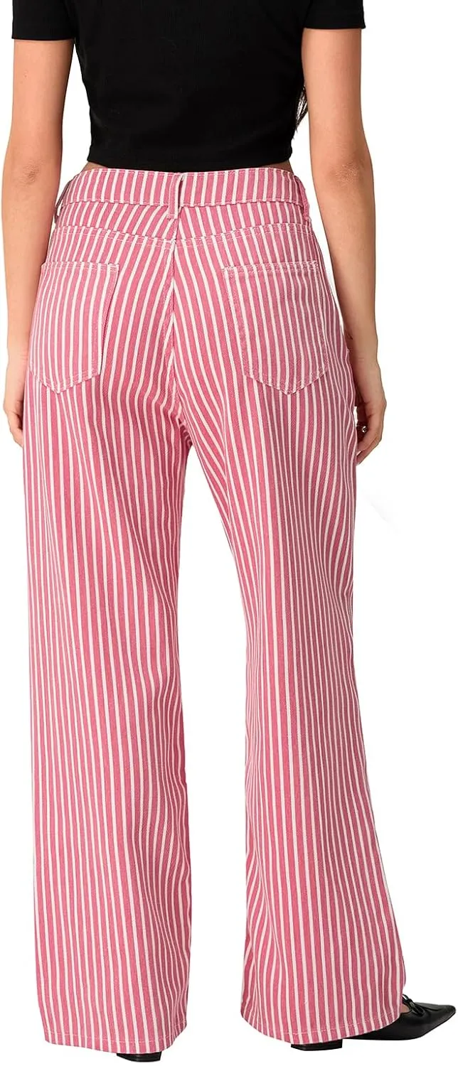 Mxiqqpltky Y2k Striped Bell Bottom Jeans Women High Waisted Boyfriend Denim Pants Baggy Wide Leg Stretchy Bootcut Flare Jeans