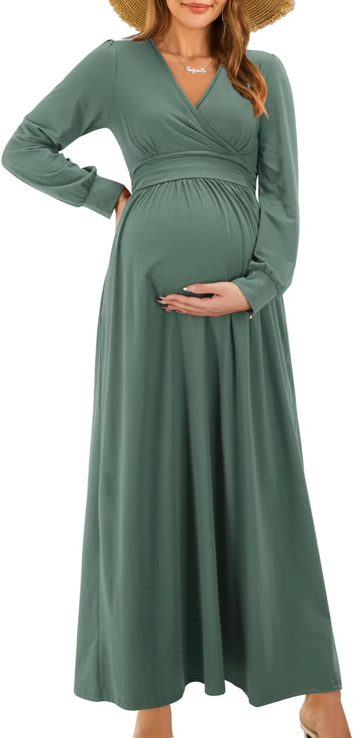 OUGES Fall Maternity Maxi Dress Long Sleeve Wrap V Neck Baby Shower Pregnancy Dresses for Photoshoot Maternity Clothes