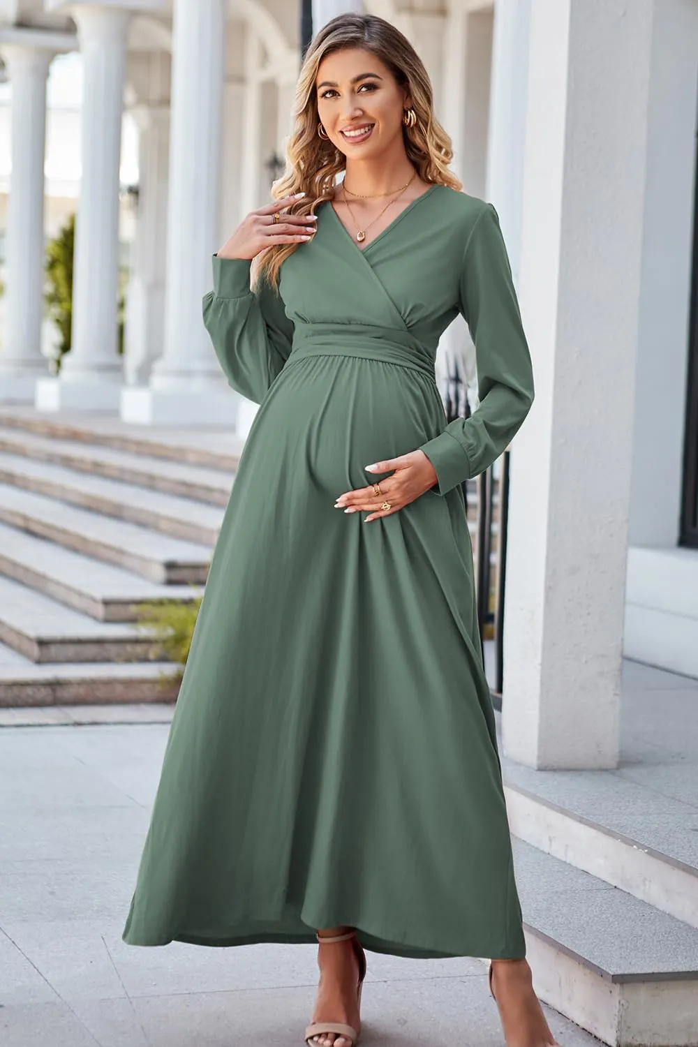 OUGES Fall Maternity Maxi Dress Long Sleeve Wrap V Neck Baby Shower Pregnancy Dresses for Photoshoot Maternity Clothes
