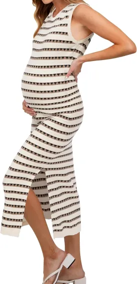 OUGES Women's 2025 Summer Maternity Dress Knit Sleeveless Crewneck Midi Dress Side Slit Striped Bodycon Sweater Dress