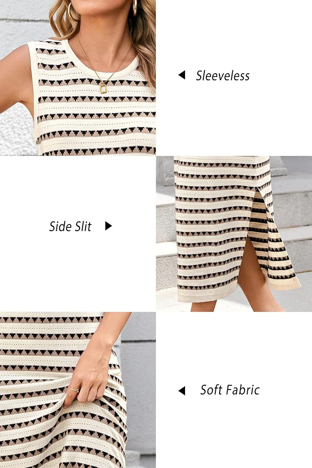 OUGES Women's 2025 Summer Maternity Dress Knit Sleeveless Crewneck Midi Dress Side Slit Striped Bodycon Sweater Dress