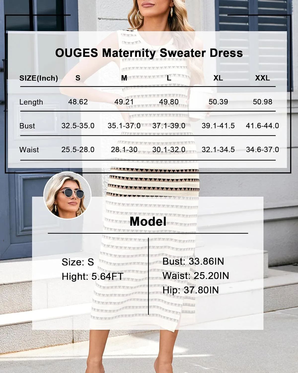 OUGES Women's 2025 Summer Maternity Dress Knit Sleeveless Crewneck Midi Dress Side Slit Striped Bodycon Sweater Dress