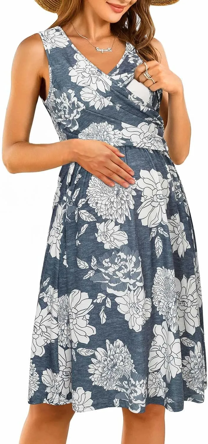 OUGES Womens 2025 V-Neck Maternity Dresses Nursing Breastfeeding Baby Shower Dress