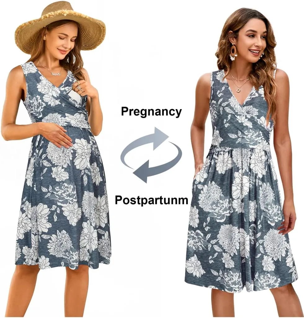 OUGES Womens 2025 V-Neck Maternity Dresses Nursing Breastfeeding Baby Shower Dress