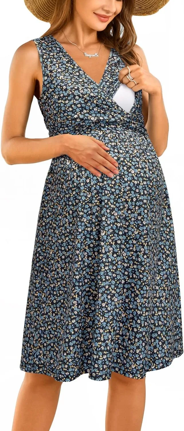 OUGES Womens 2025 V-Neck Maternity Dresses Nursing Breastfeeding Baby Shower Dress