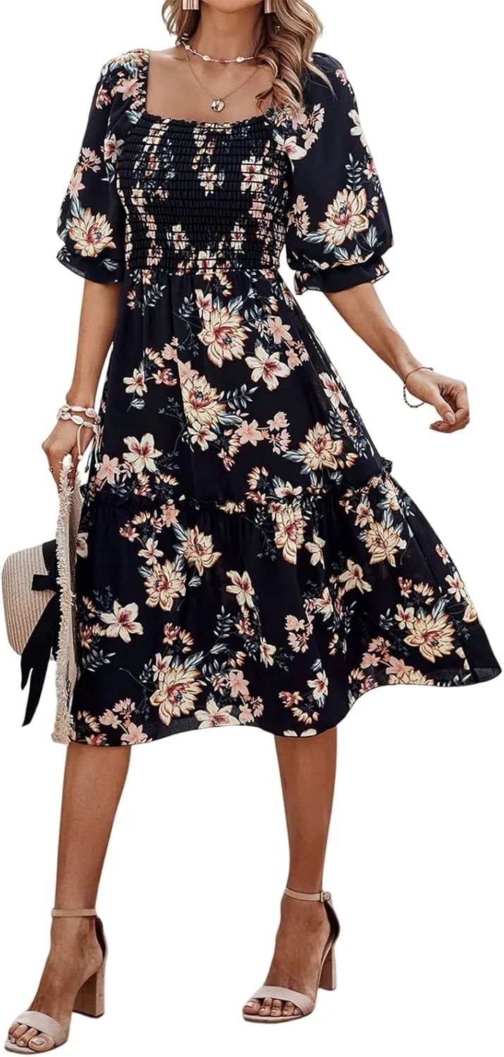 PRETTYGARDEN Women's Summer Casual Dresses 2025 Spring Puff Sleeve Square Neck A-line Flowy Boho Floral Smocked Midi Dress