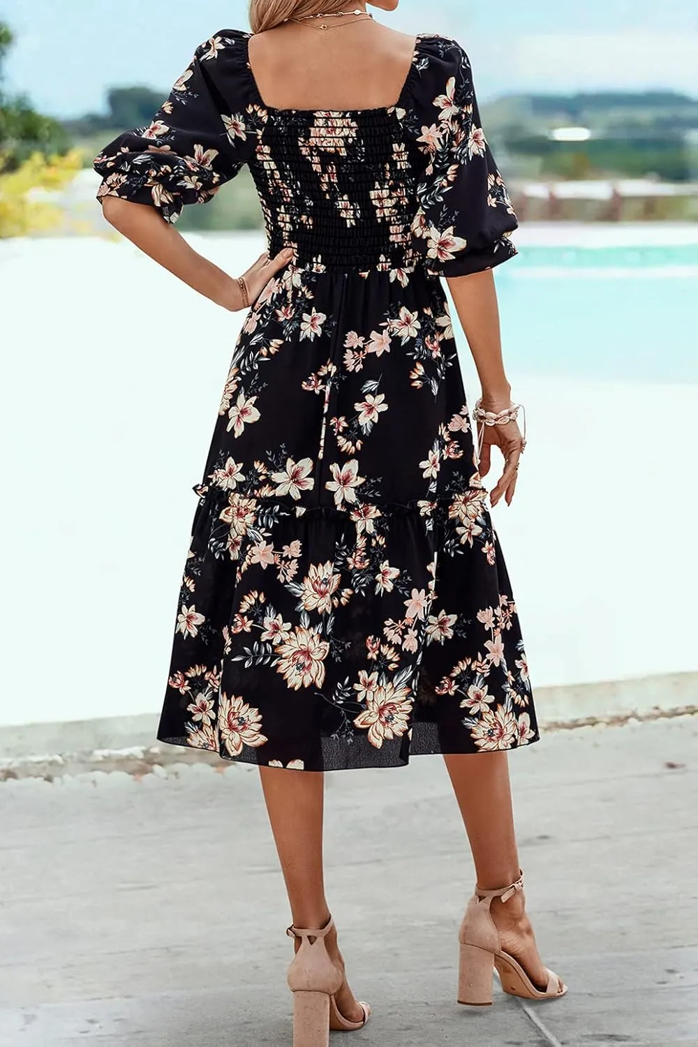PRETTYGARDEN Women's Summer Casual Dresses 2025 Spring Puff Sleeve Square Neck A-line Flowy Boho Floral Smocked Midi Dress