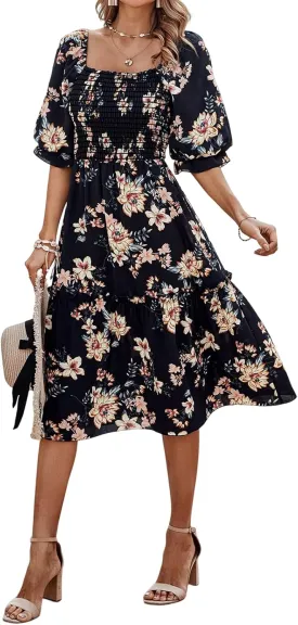 PRETTYGARDEN Women's Summer Casual Dresses 2025 Spring Puff Sleeve Square Neck A-line Flowy Boho Floral Smocked Midi Dress