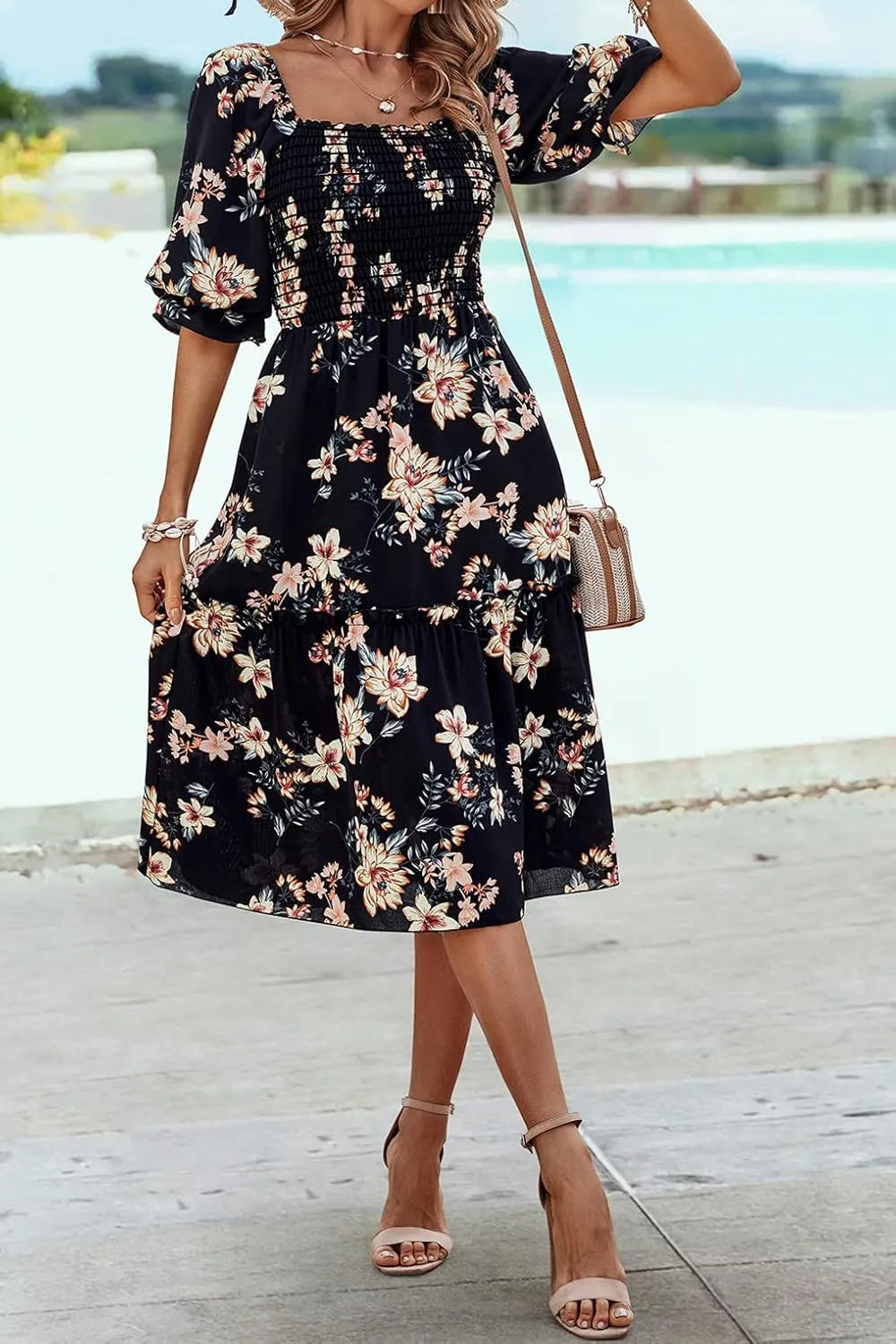 PRETTYGARDEN Women's Summer Casual Dresses 2025 Spring Puff Sleeve Square Neck A-line Flowy Boho Floral Smocked Midi Dress