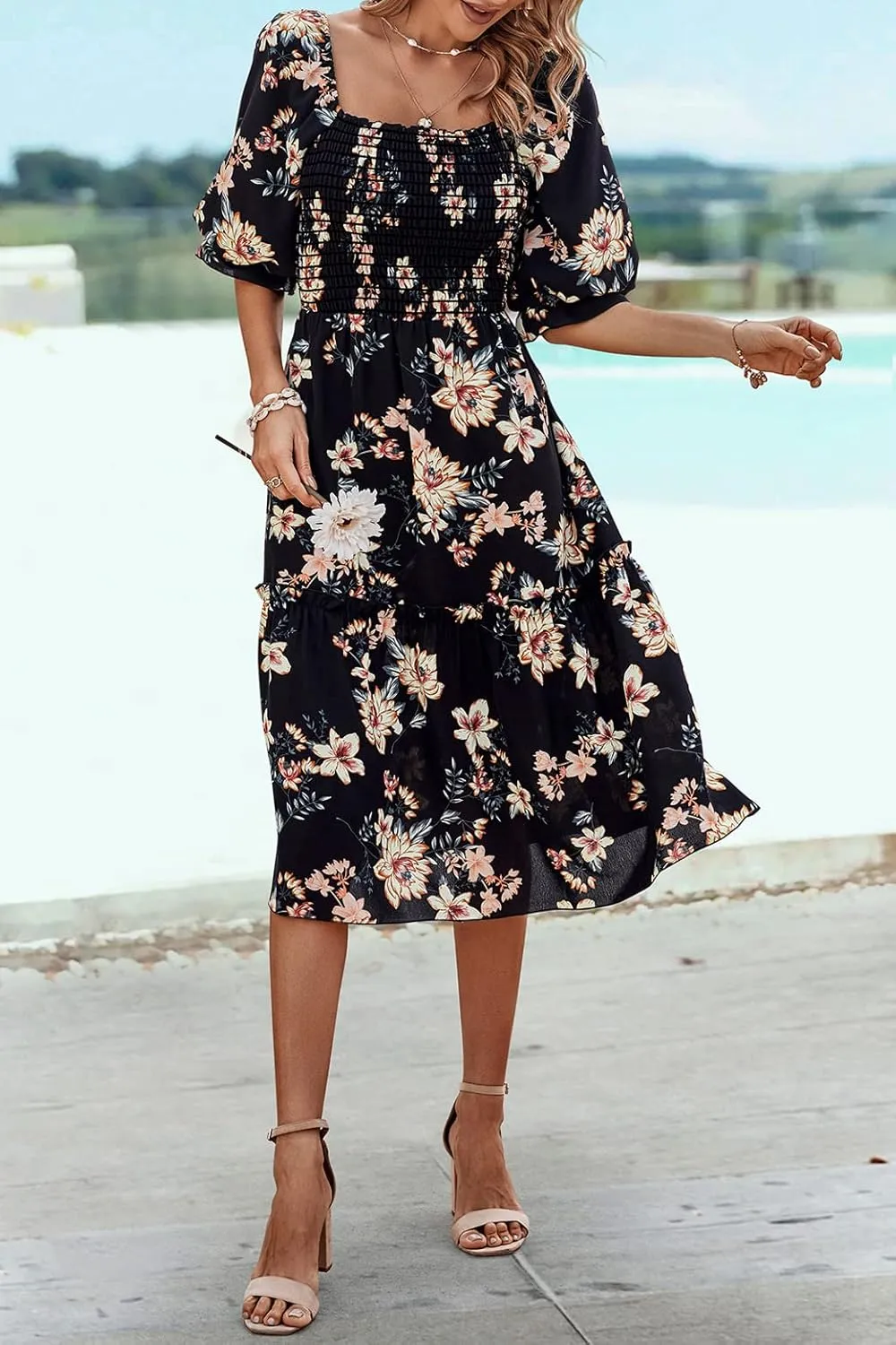 PRETTYGARDEN Women's Summer Casual Dresses 2025 Spring Puff Sleeve Square Neck A-line Flowy Boho Floral Smocked Midi Dress