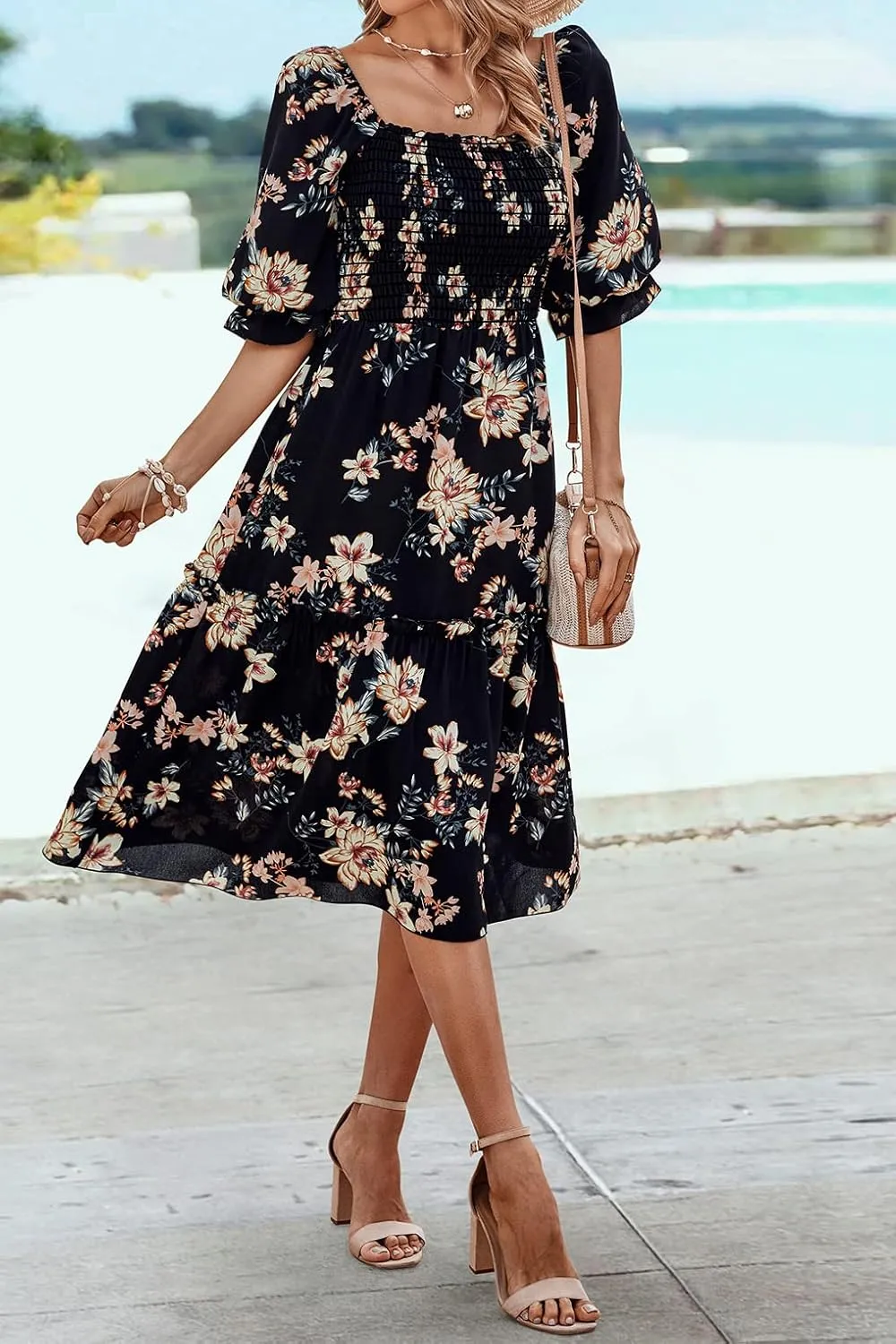 PRETTYGARDEN Women's Summer Casual Dresses 2025 Spring Puff Sleeve Square Neck A-line Flowy Boho Floral Smocked Midi Dress