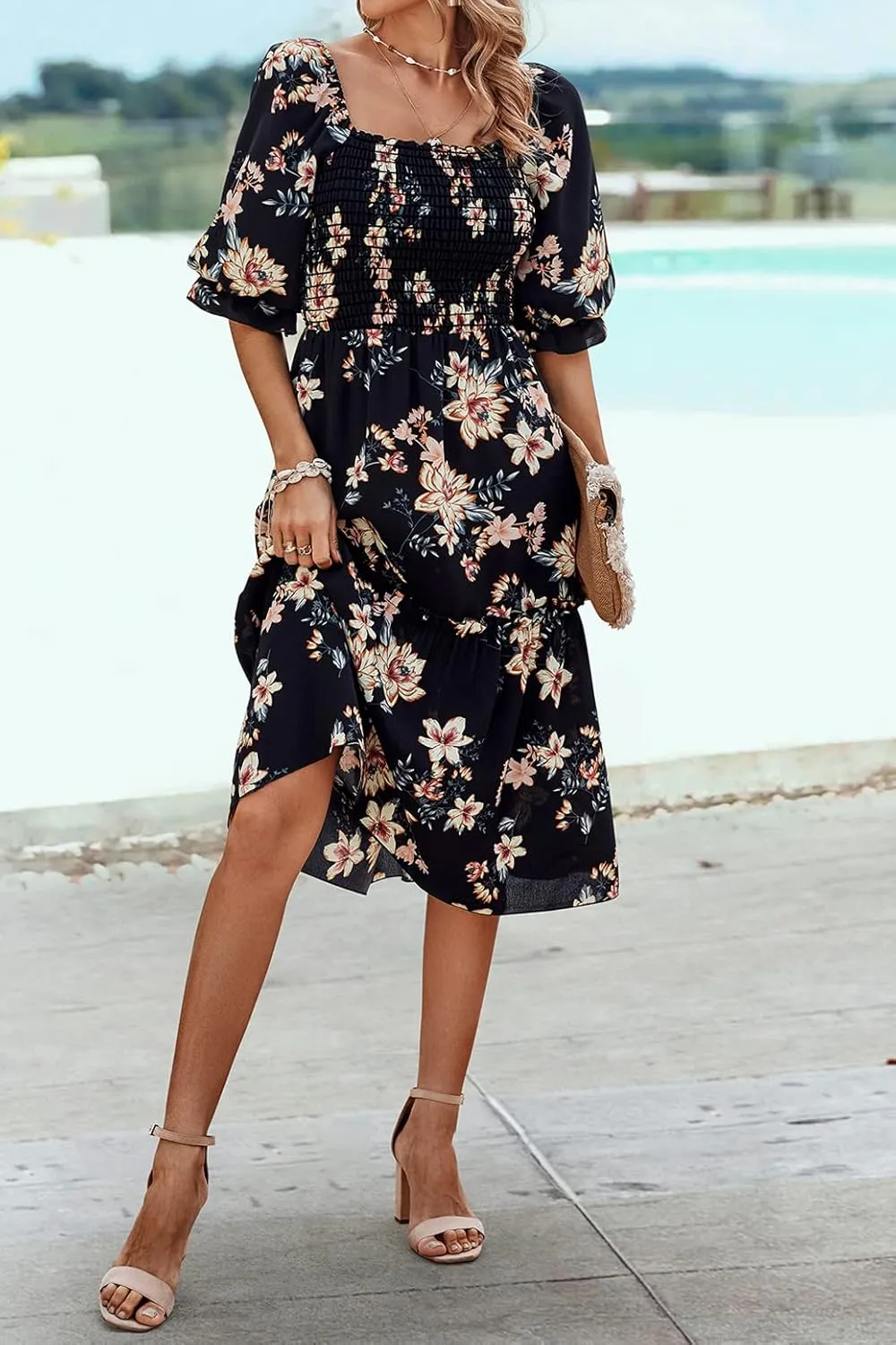 PRETTYGARDEN Women's Summer Casual Dresses 2025 Spring Puff Sleeve Square Neck A-line Flowy Boho Floral Smocked Midi Dress