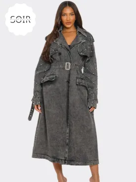 Raven Noir Distressed Denim Trench Coat