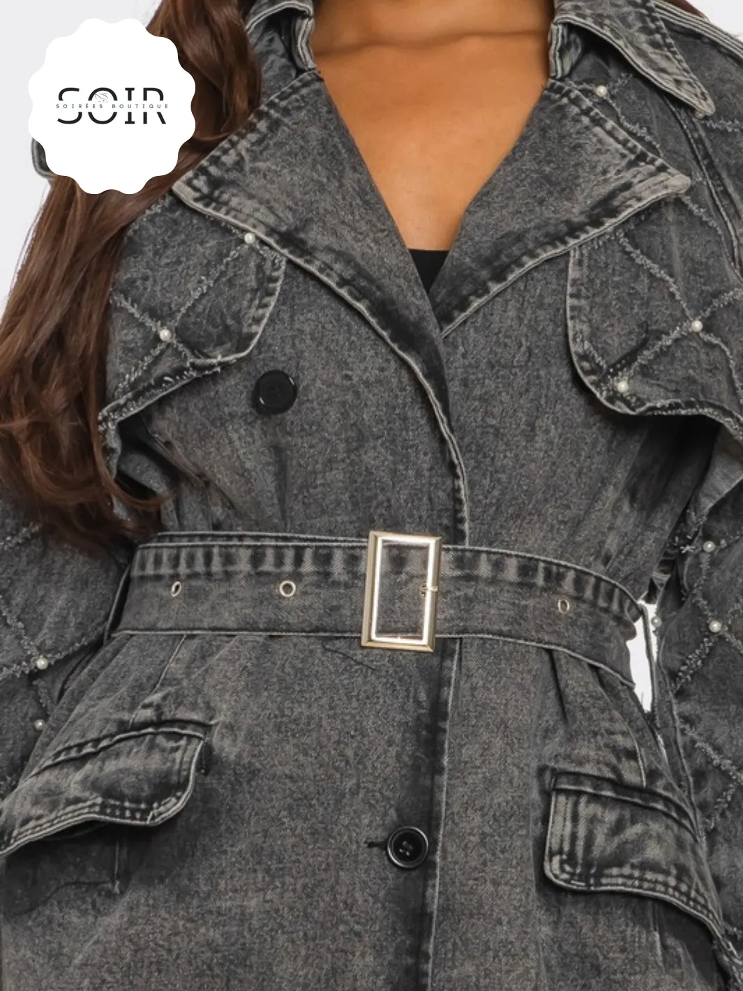 Raven Noir Distressed Denim Trench Coat