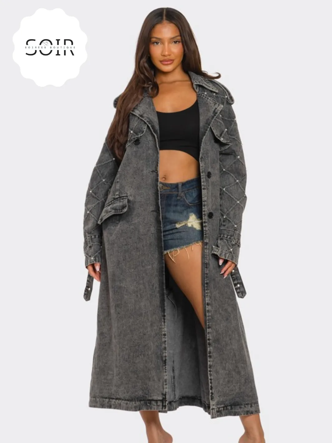 Raven Noir Distressed Denim Trench Coat