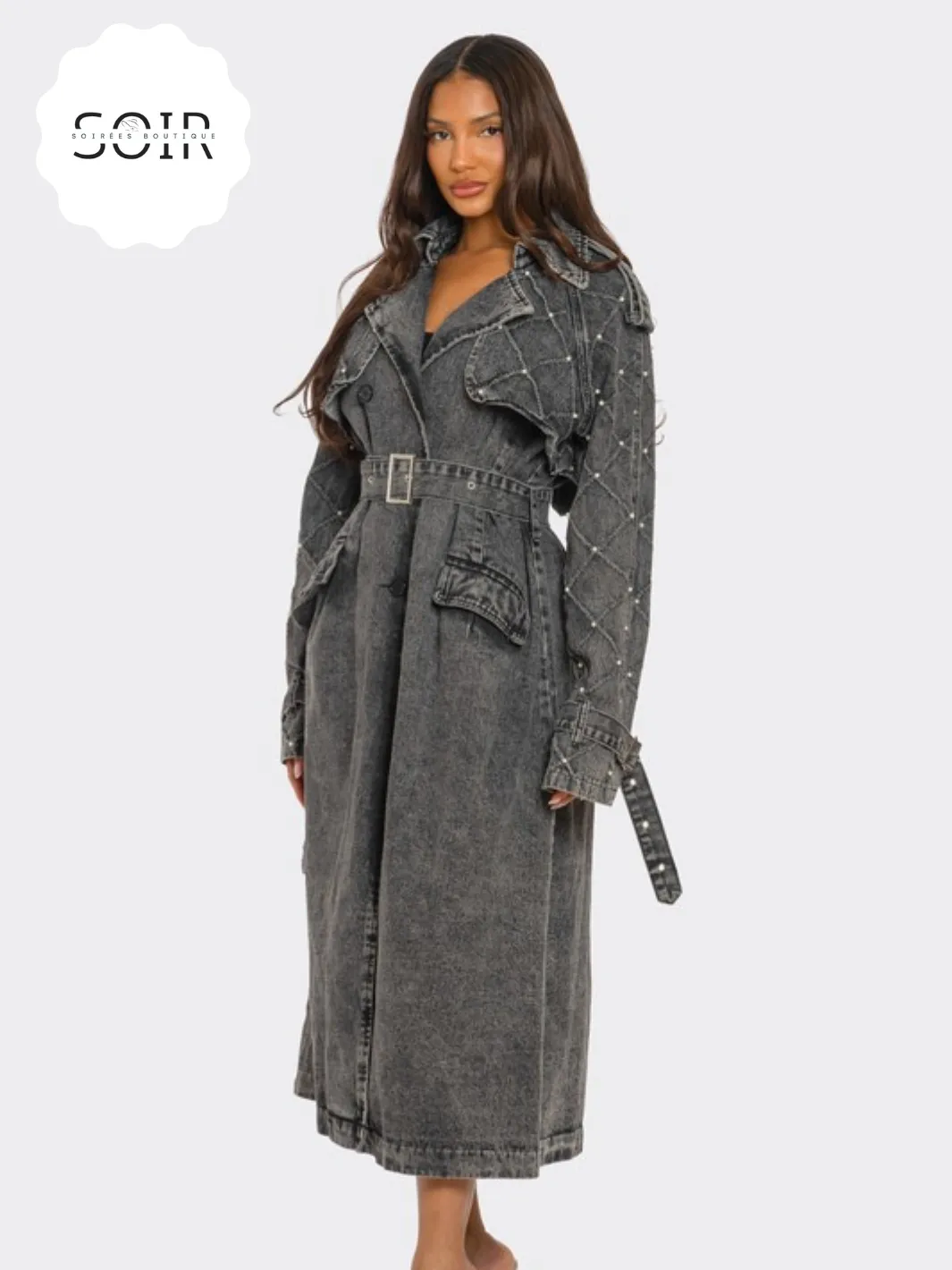 Raven Noir Distressed Denim Trench Coat